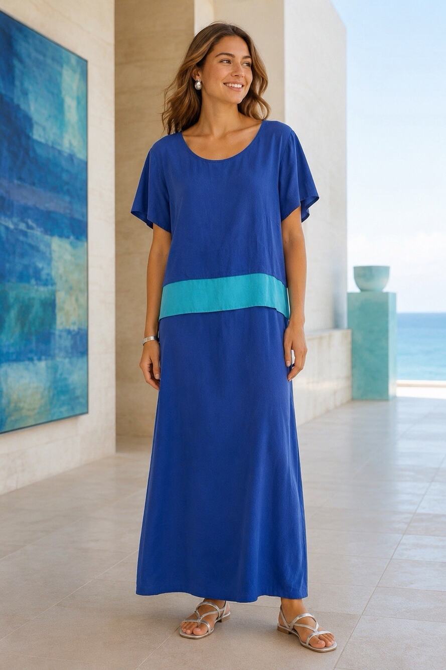 Coldwater Creek Dress 12P Blue Colorblock Rayon Midi Maxi Made in USA